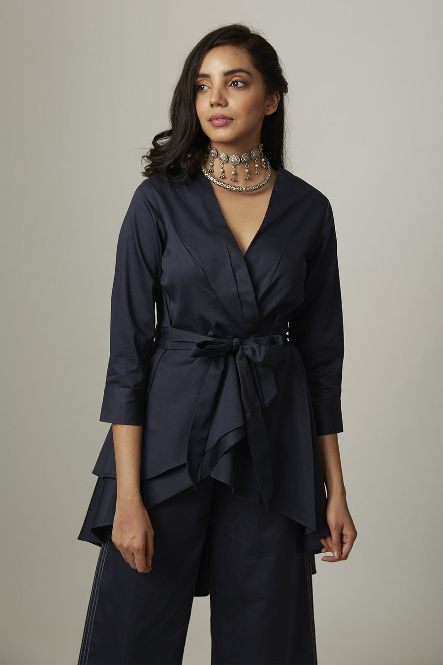 Navy High-Low Tie-Up Wrap Top