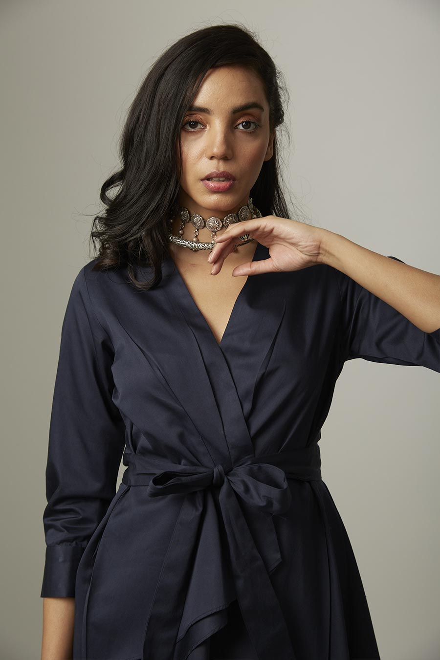 Navy High-Low Tie-Up Wrap Top