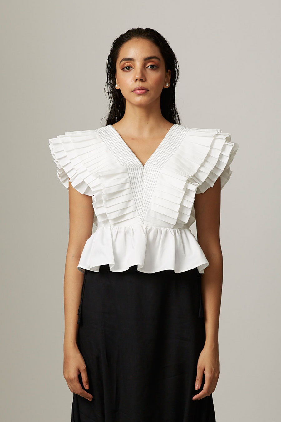 White Pleated Drama Peplum Top