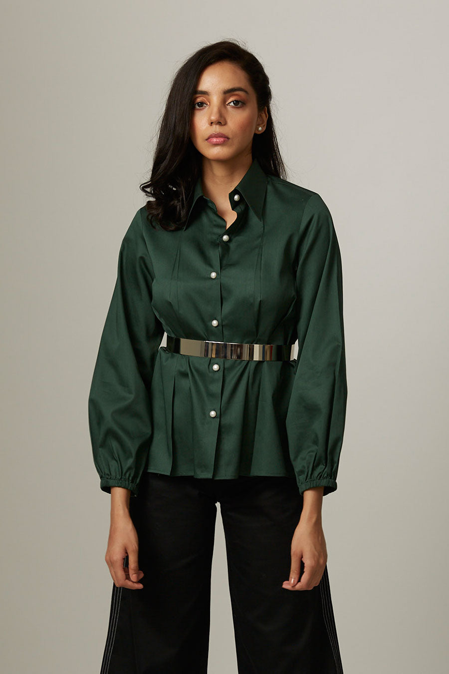 Green Tucked Waist Pearl Button Shirt