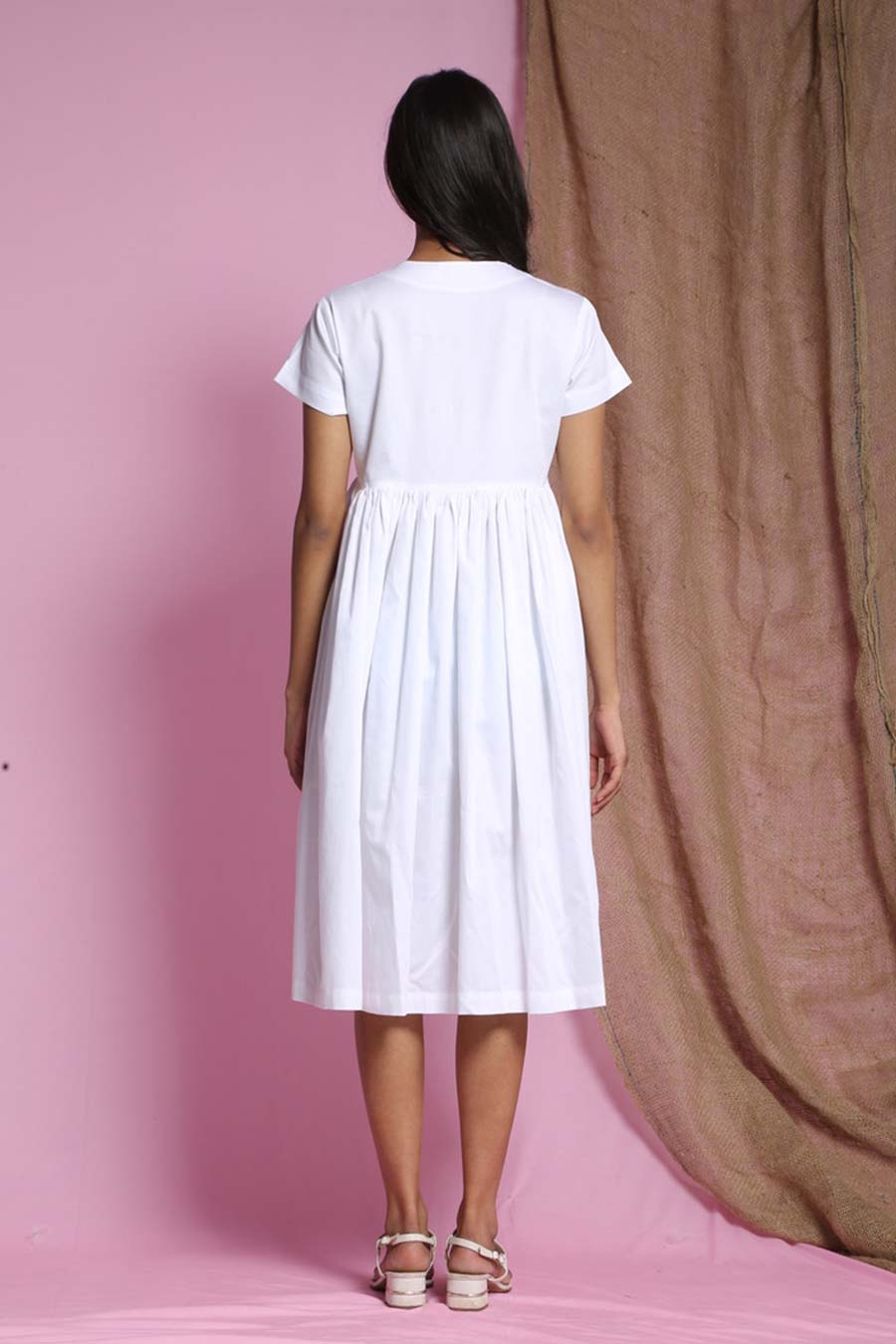 White Gathered Midi Dress