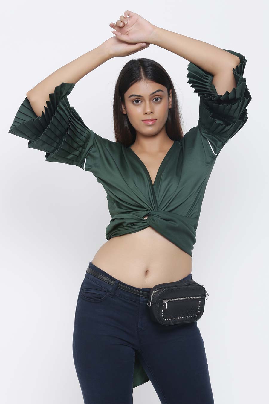 Green Drape Top With Pleated Sleeve