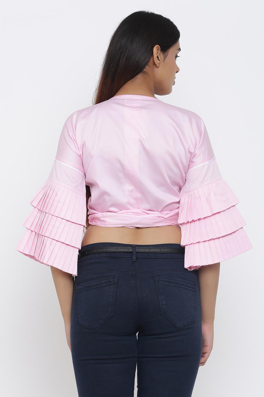 Pink Drape Top With Pleated Sleeve