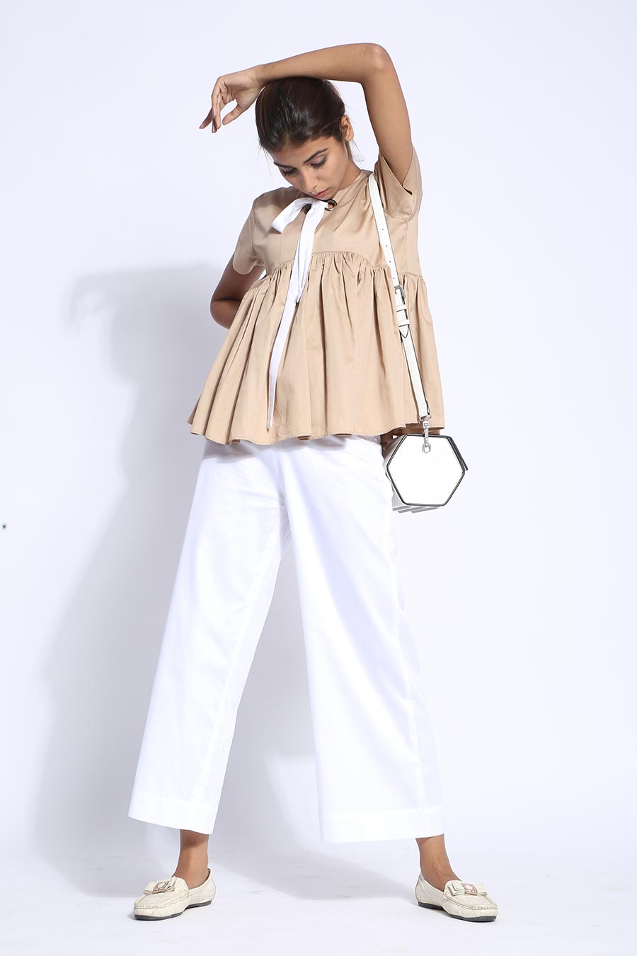 Gold Gathered Neck Tie-Up Top