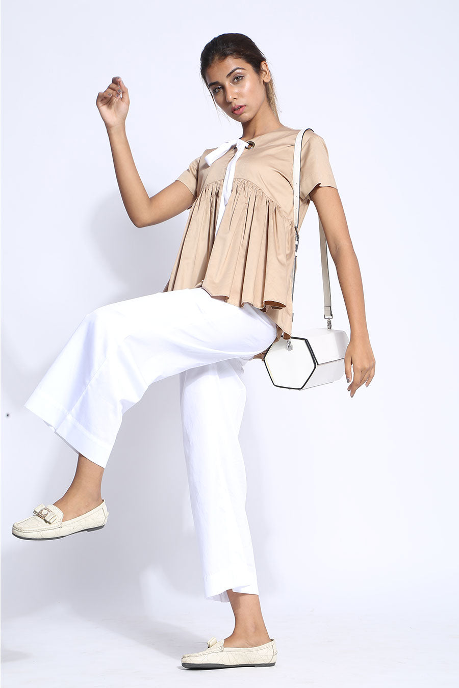 Gold Gathered Neck Tie-Up Top