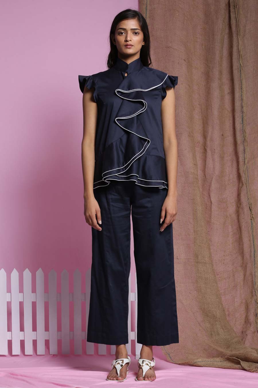 Navy Blue Waterfall Double Drape Top