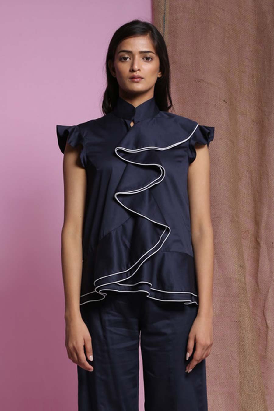 Navy Blue Waterfall Double Drape Top