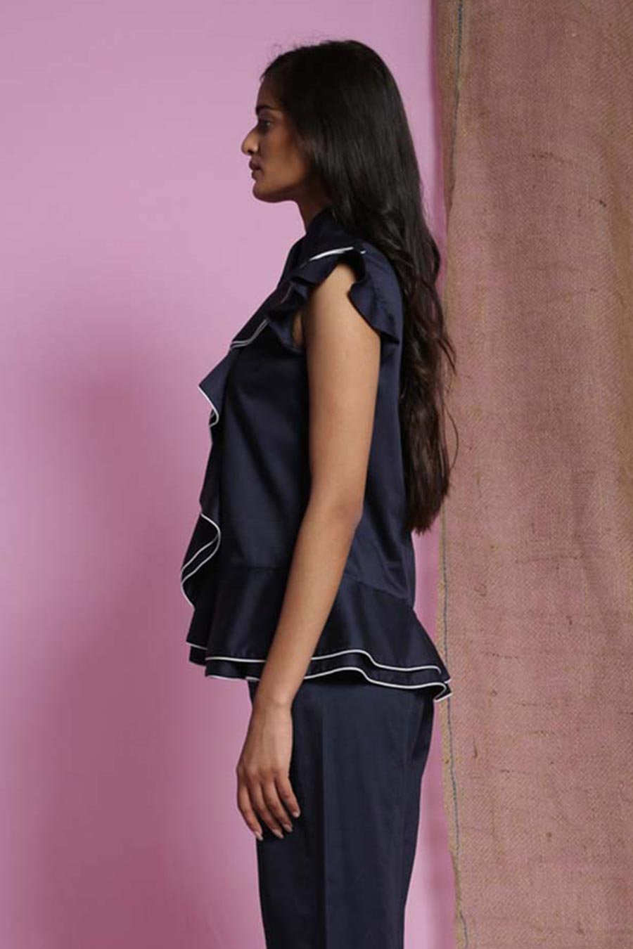 Navy Blue Waterfall Double Drape Top