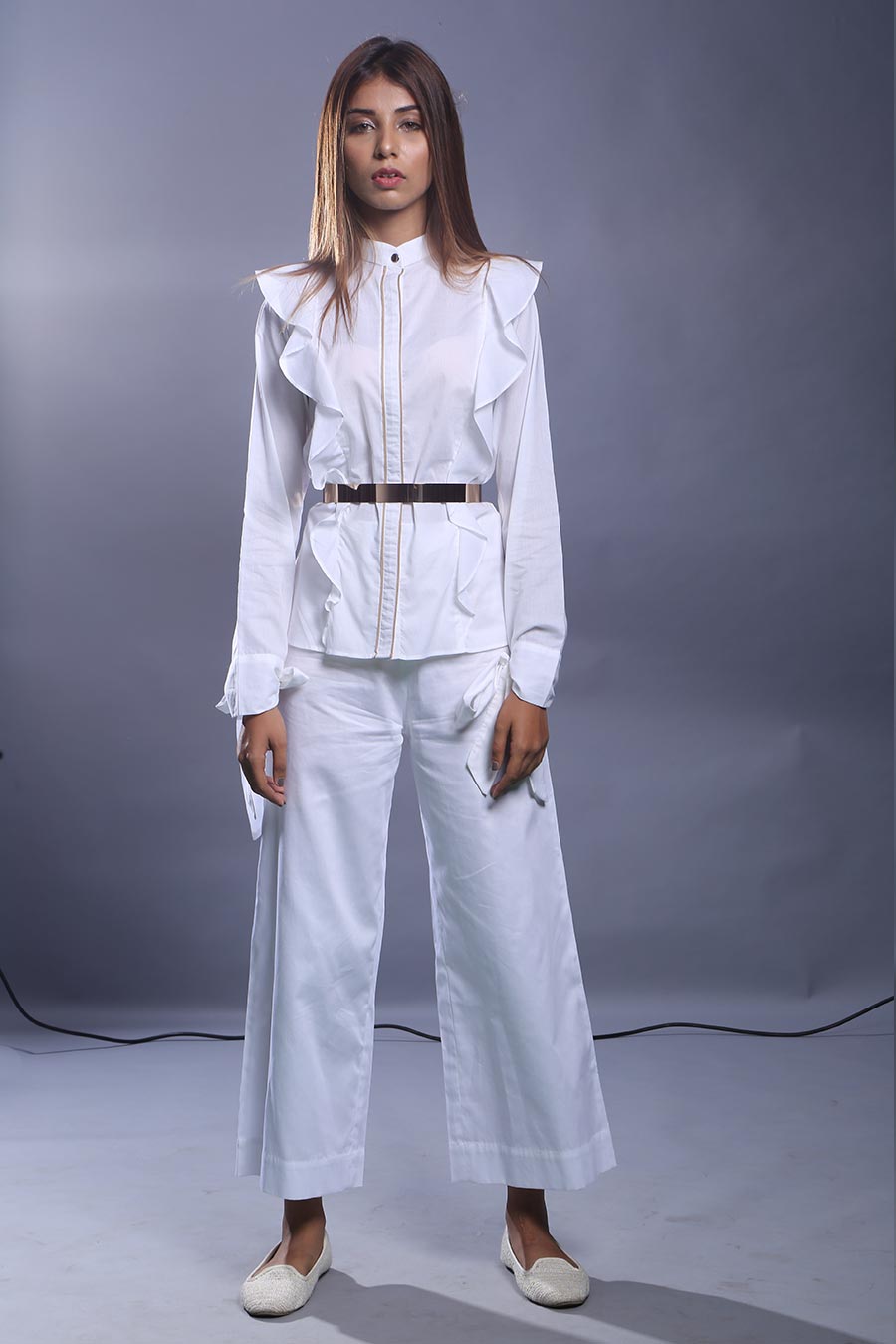 White Cotton Ruffled Shirt Top