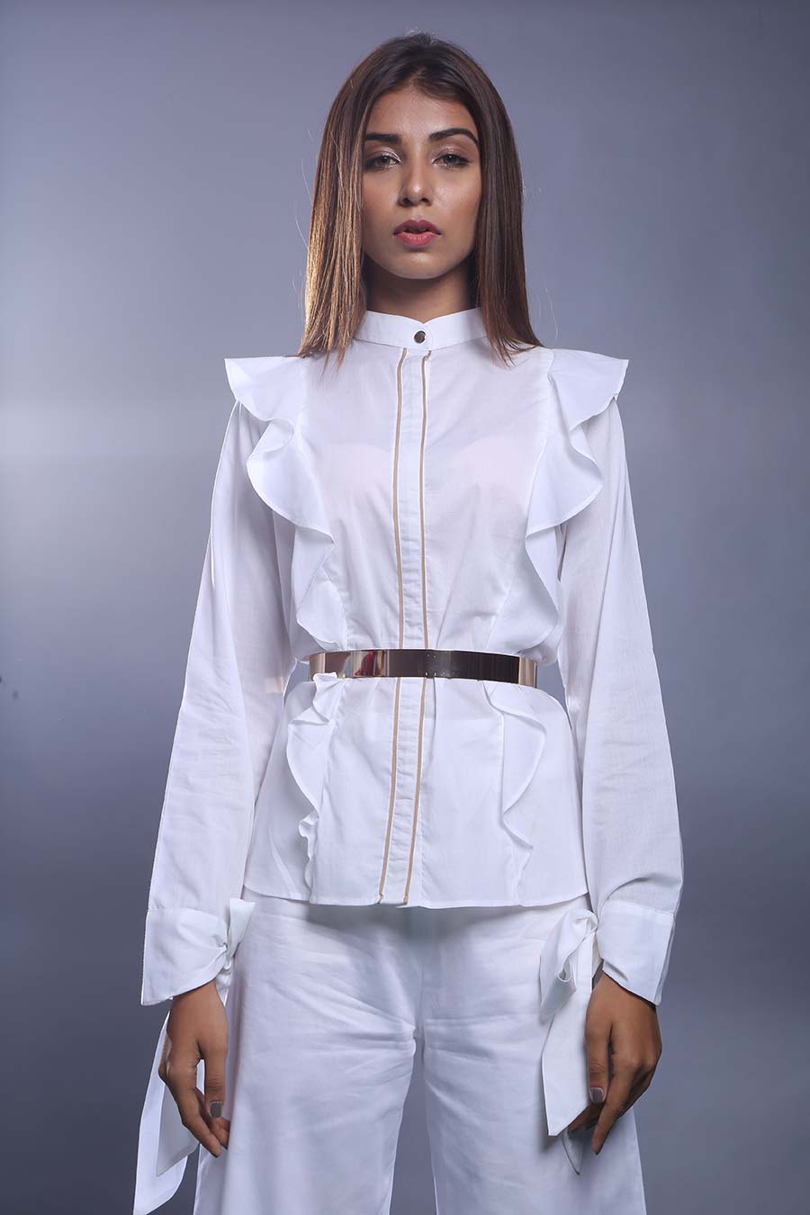 White Cotton Ruffled Shirt Top