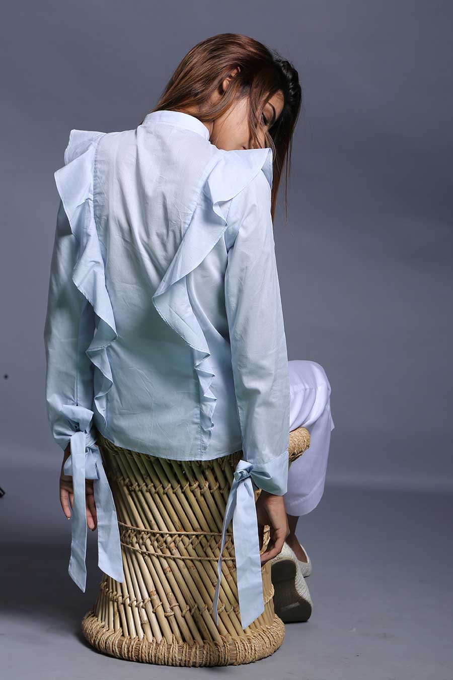 White Cotton Ruffled Shirt Top