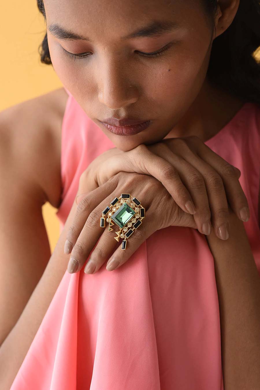 Shop Dancing Peacock Green Swarovski Baguette Ring by ESME