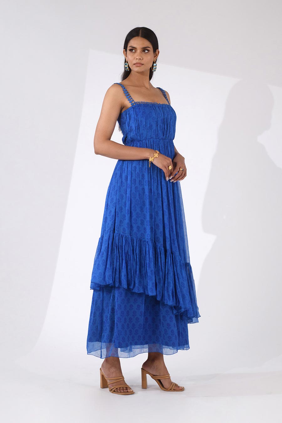 GRACE - Blue Printed Chiffon Maxi Dress
