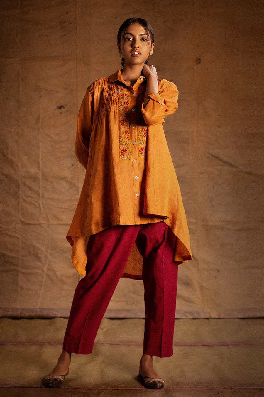 Orange Linen Embroidered Tunic Shirt