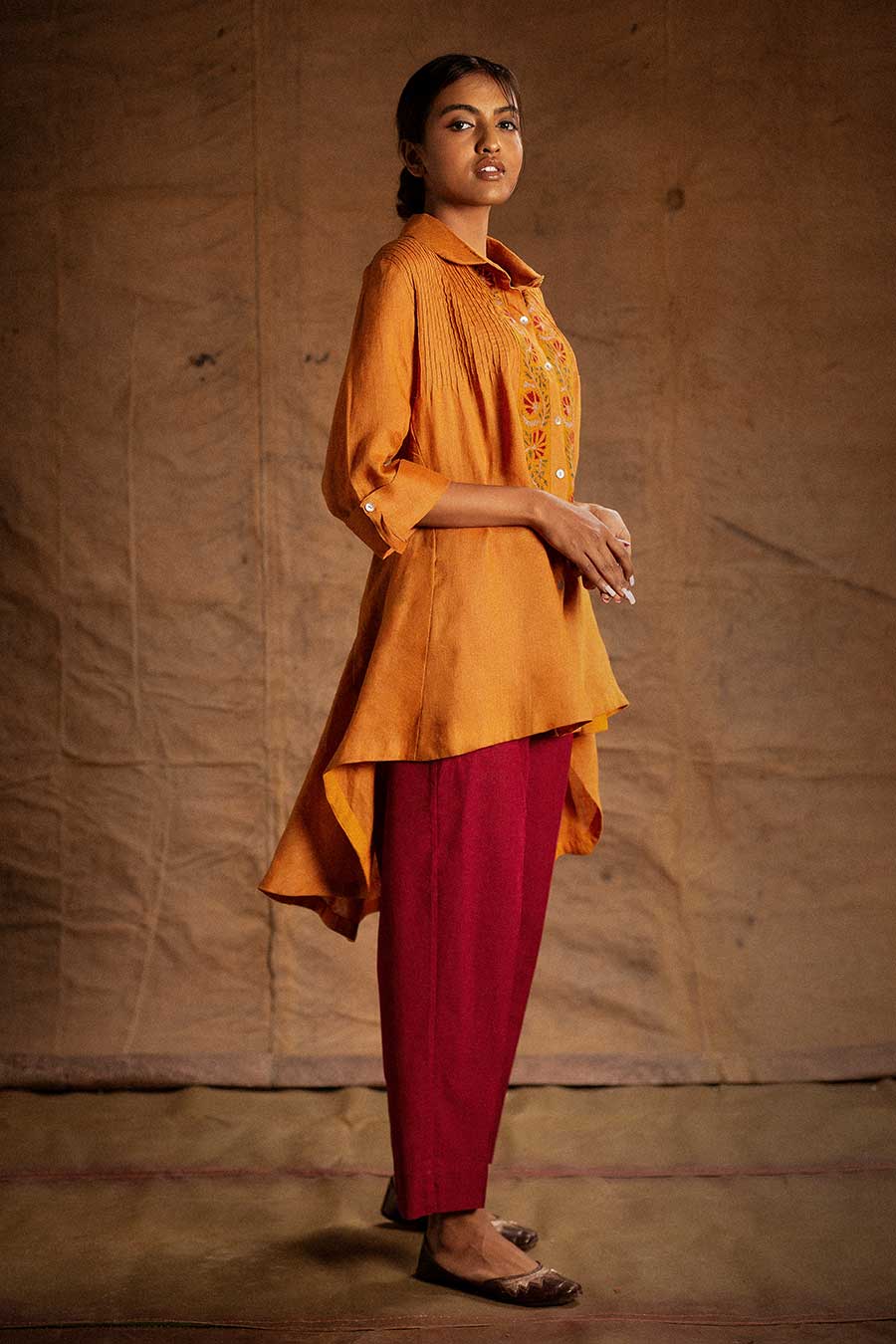 Orange Linen Embroidered Tunic Shirt