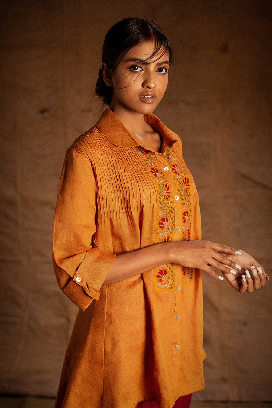 Orange Linen Embroidered Tunic Shirt