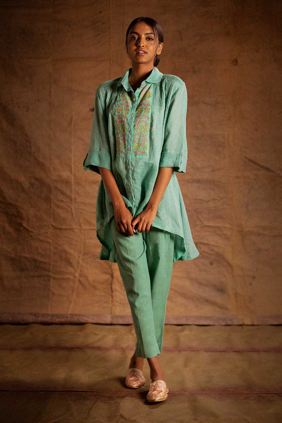 Sea Blue Linen Embroidered Tunic Shirt