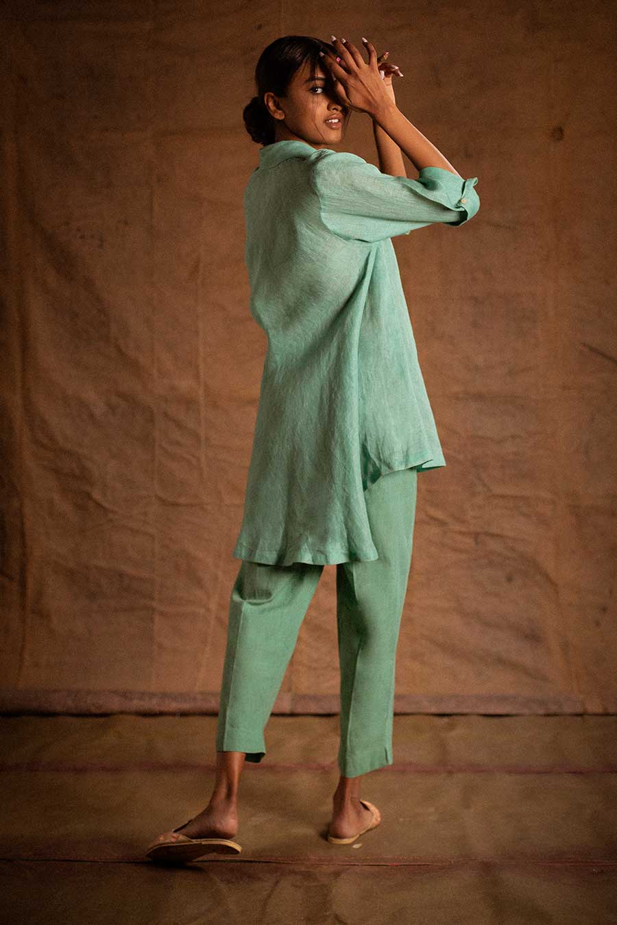 Sea Blue Linen Embroidered Tunic Shirt