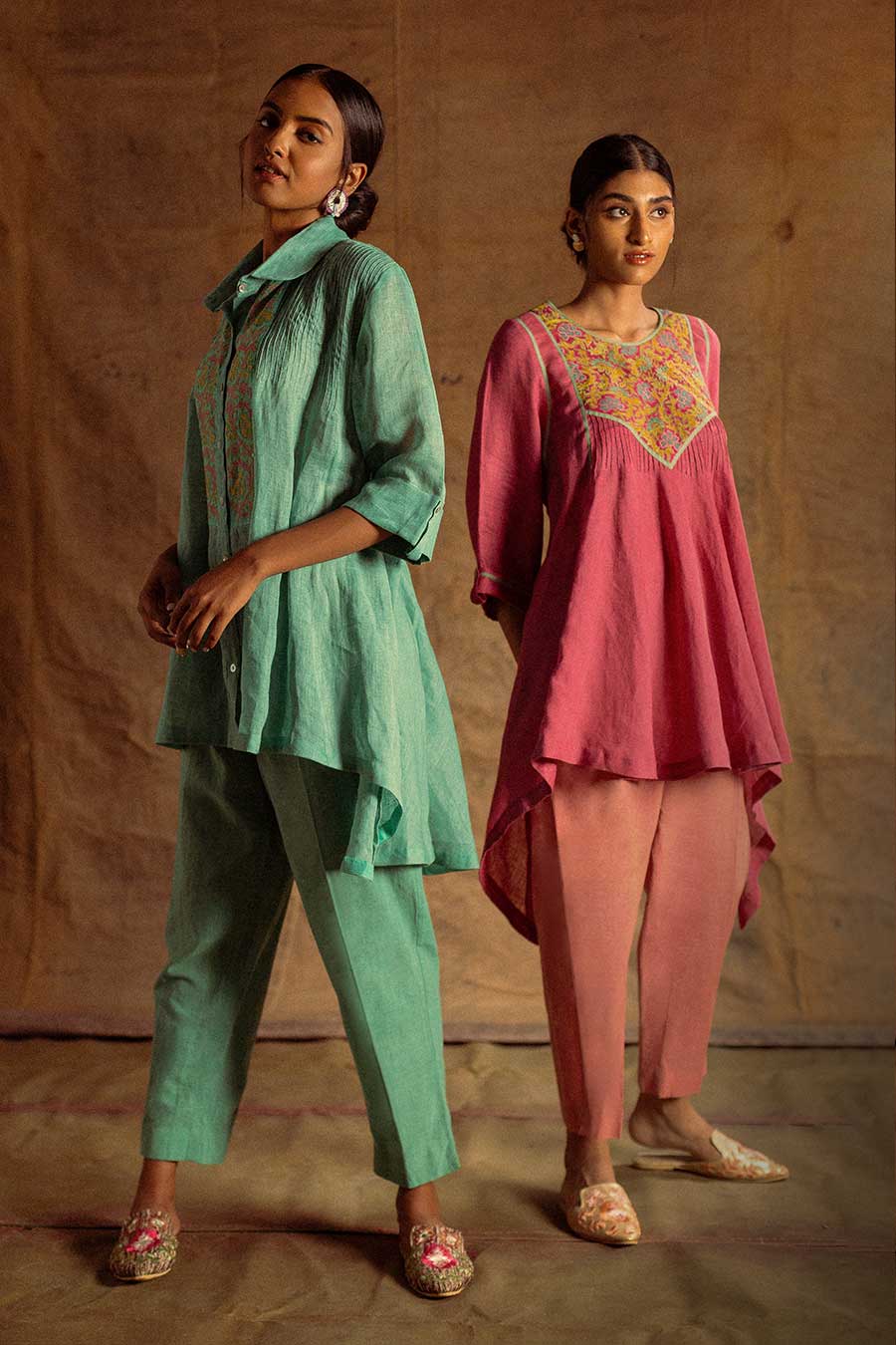 Sea Blue Linen Embroidered Tunic Shirt