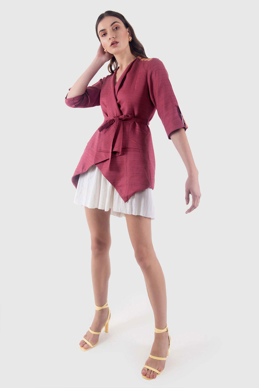 Shop Burgundy Waterfall Jacket by LEELA BY A at House of Designers HOUSE OF DESIGNERS