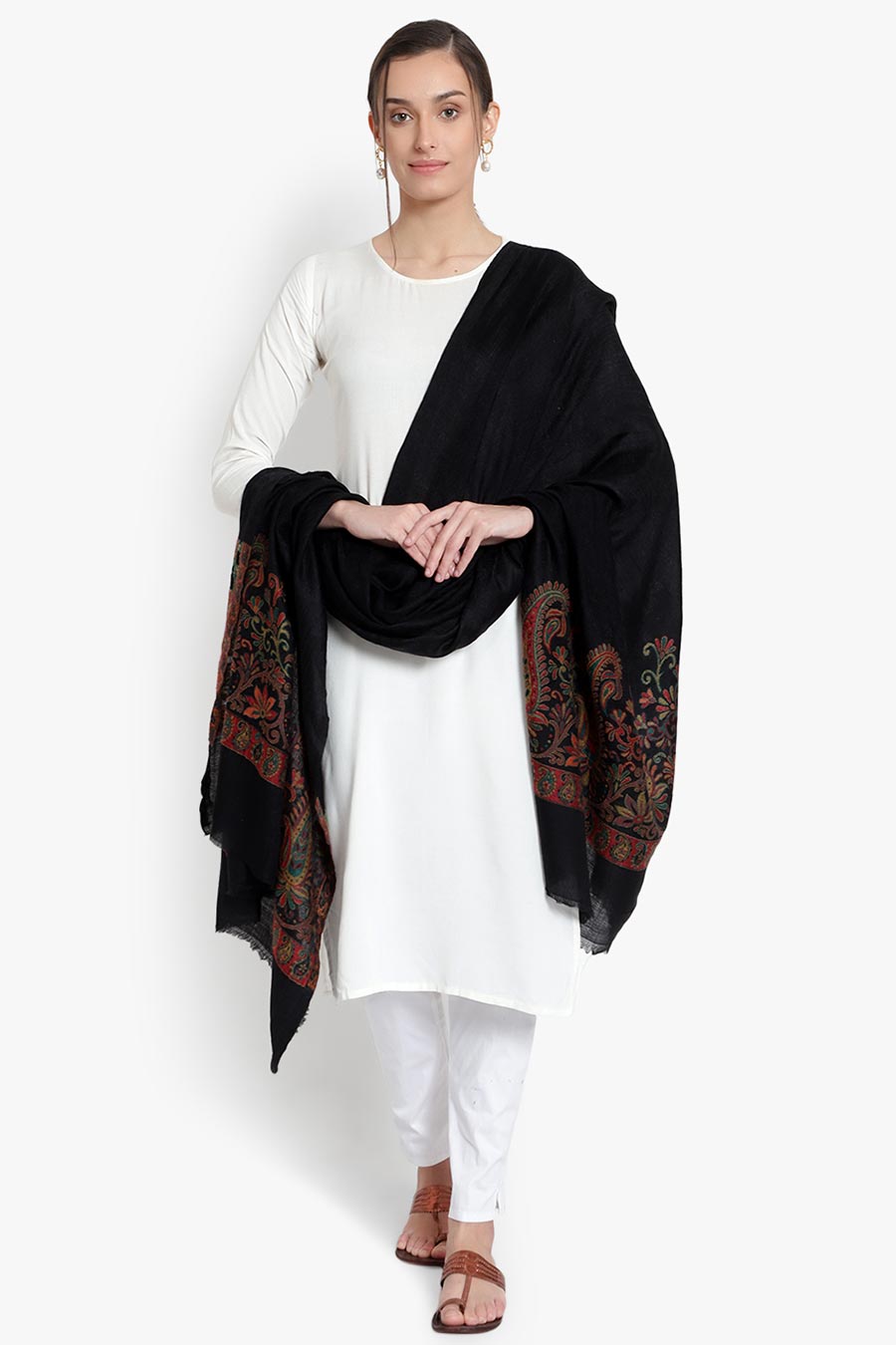 Shop Black Paisley Jaal Kashmiri Shawl by MIZASH at House of