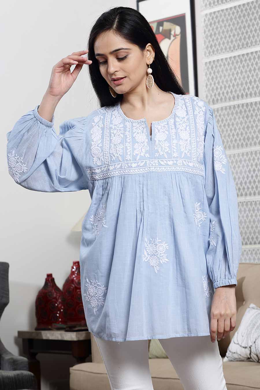 Blue Cotton Embroidered Flared Top