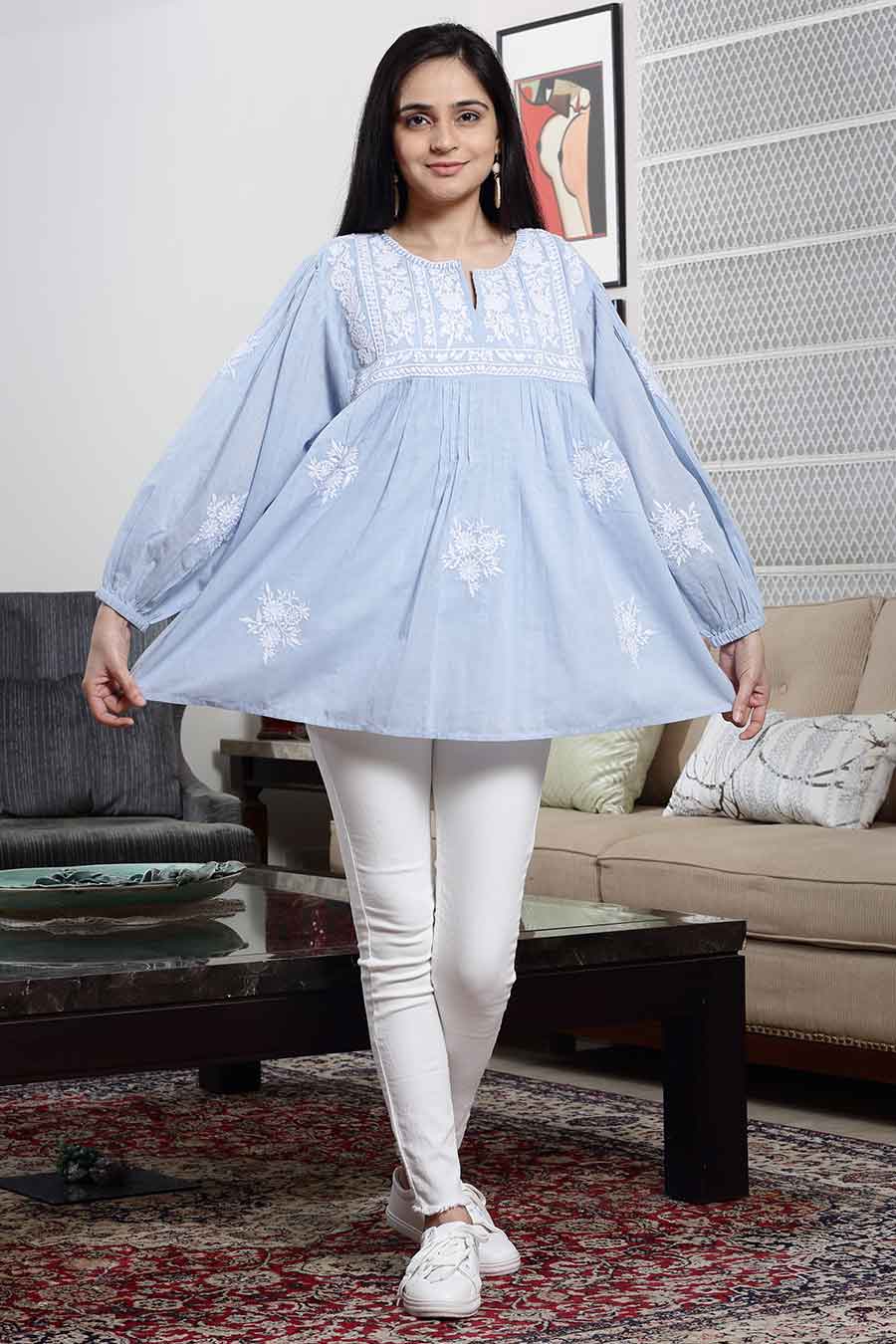 Blue Cotton Embroidered Flared Top