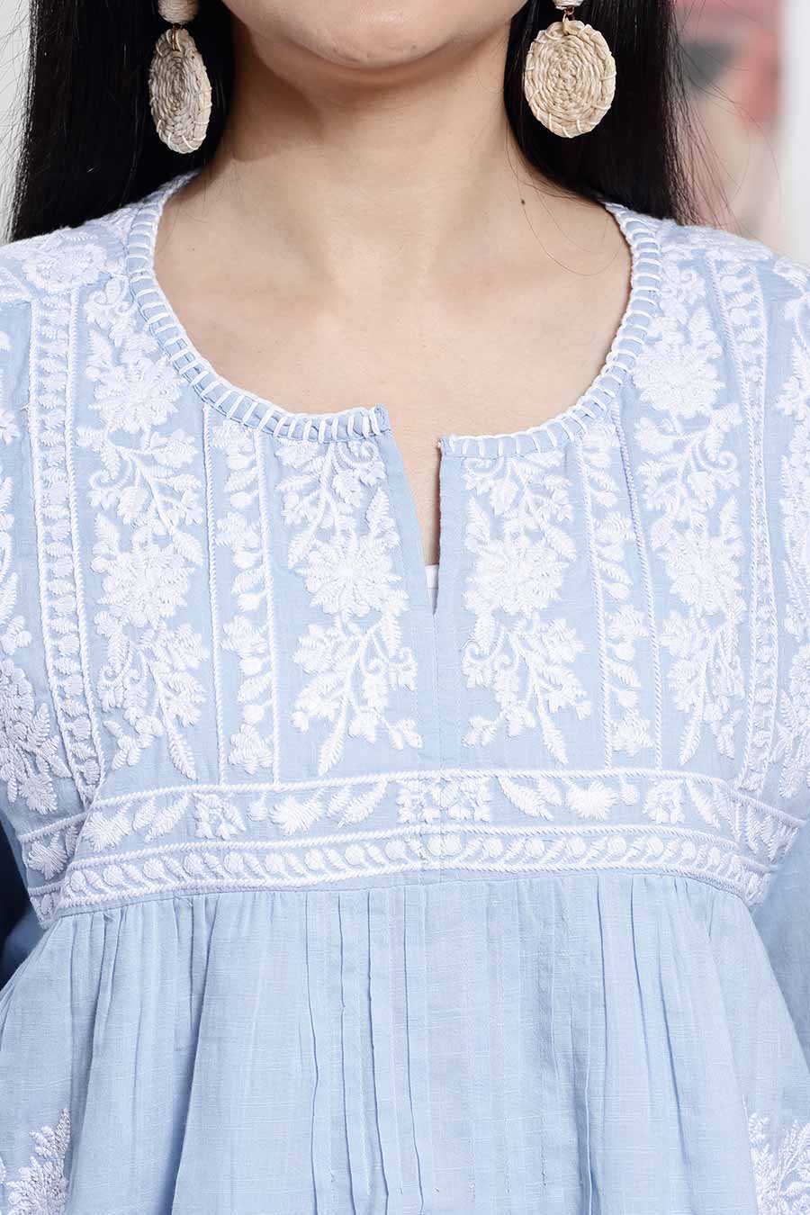Blue Cotton Embroidered Flared Top