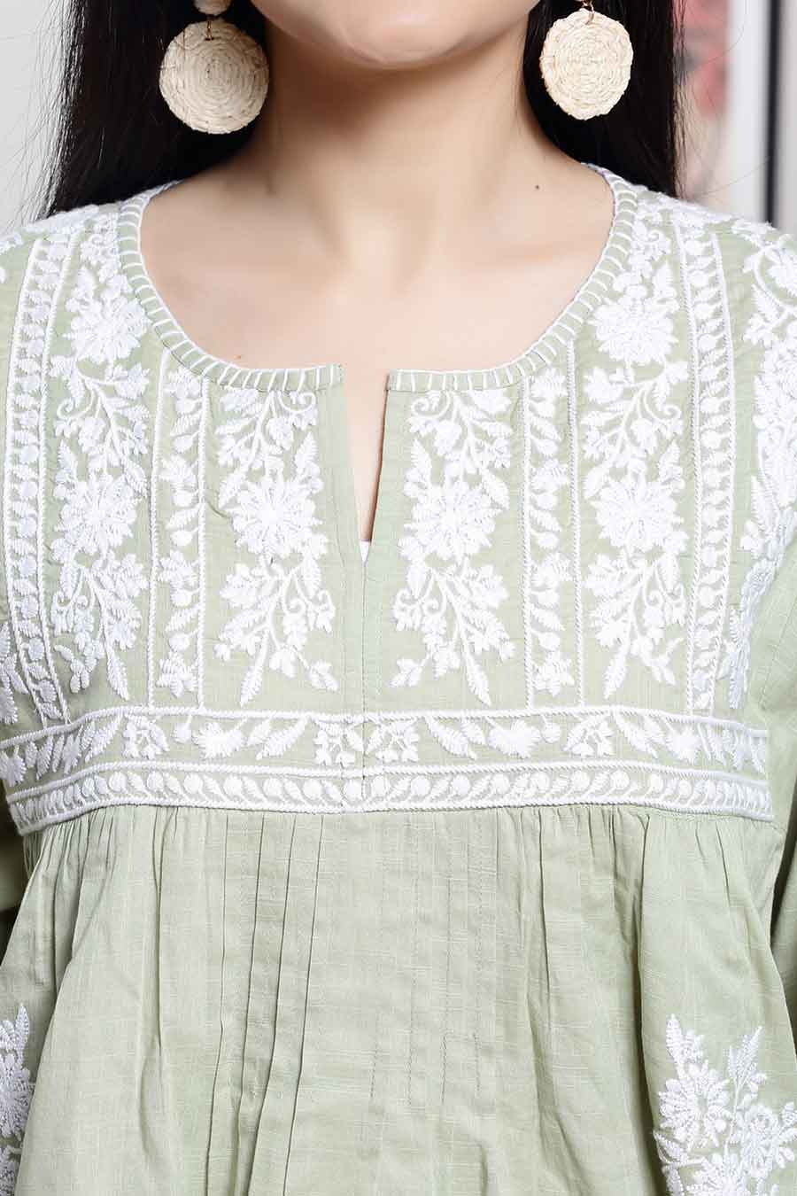 Green Cotton Embroidered Flared Top