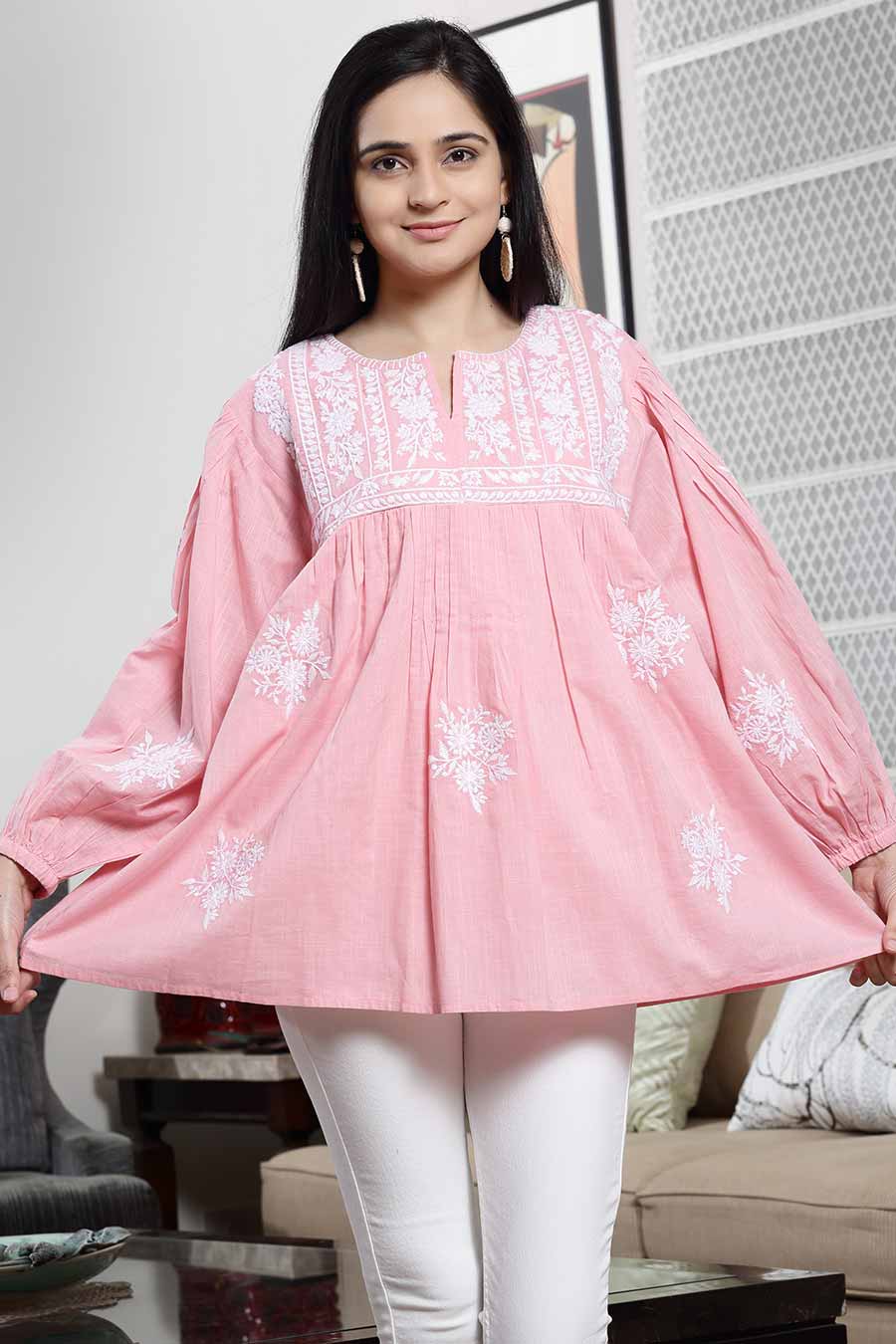 Pink Cotton Embroidered Flared Top