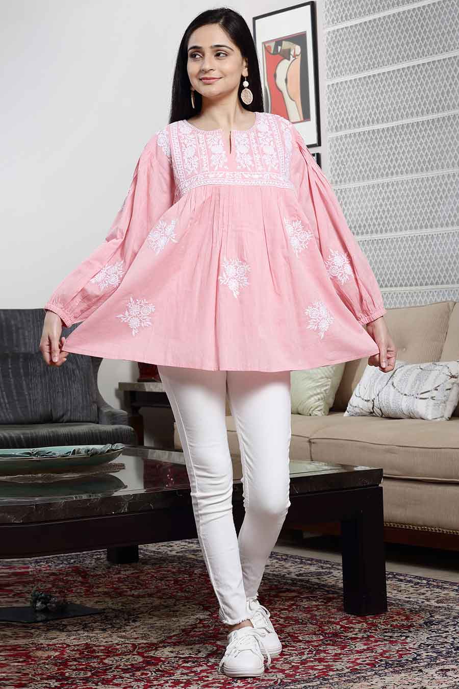 Pink Cotton Embroidered Flared Top