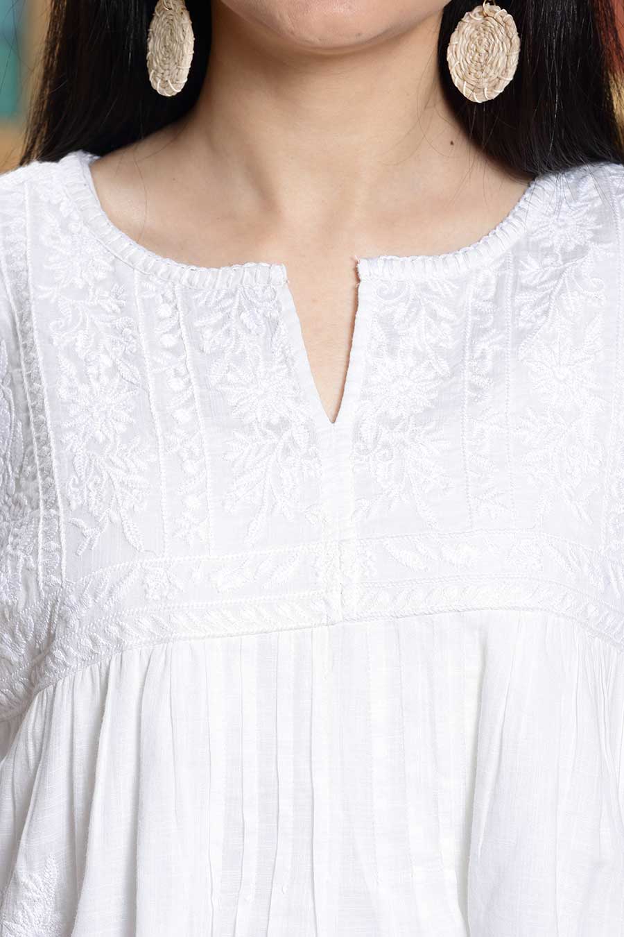White Cotton Embroidered Flared Top