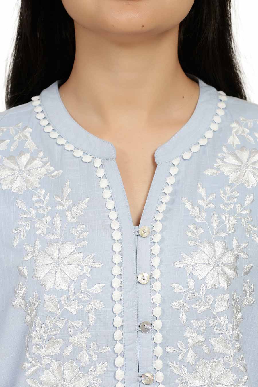 Blue Cotton Embroidered Top