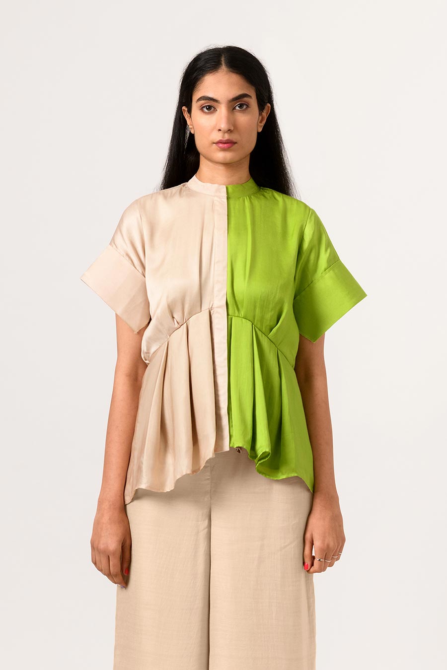 Ecru-Green Half-n-Half Pleated Top