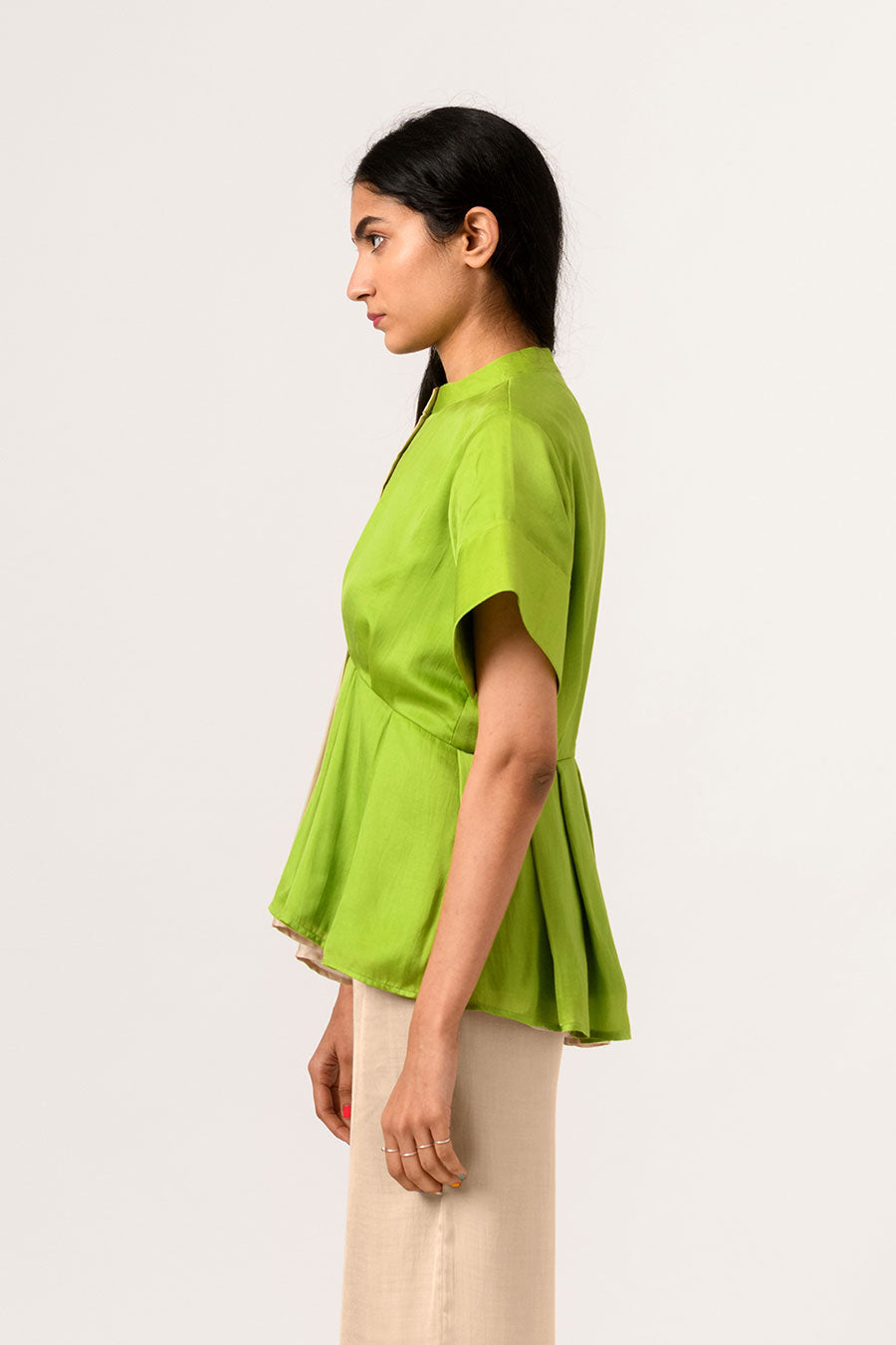 Ecru-Green Half-n-Half Pleated Top