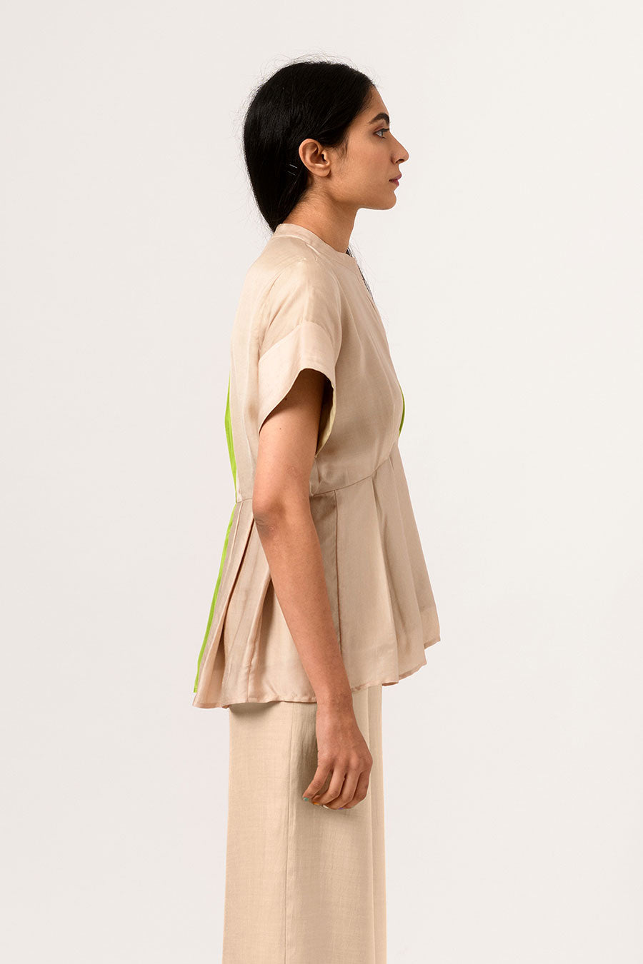 Ecru-Green Half-n-Half Pleated Top