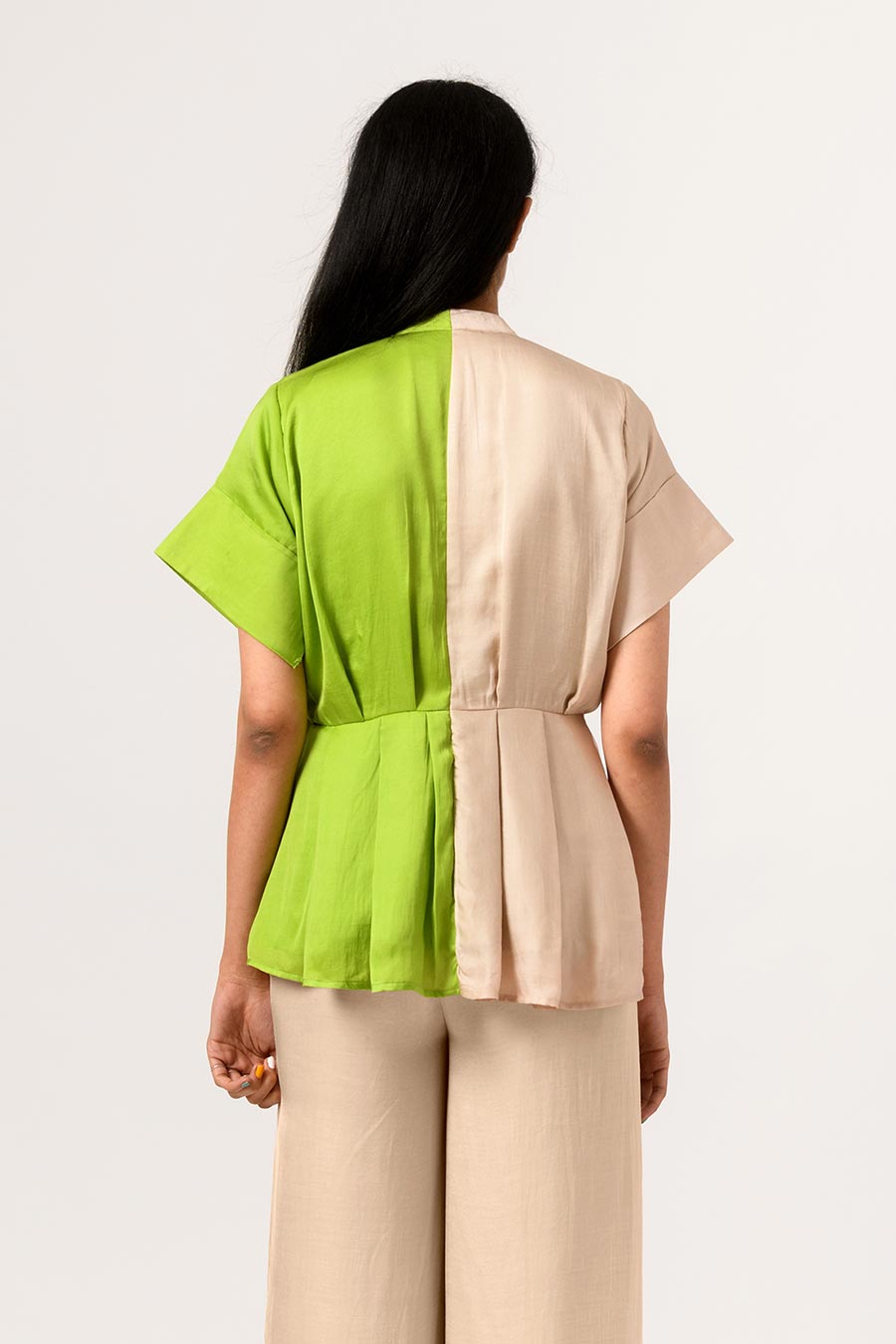 Ecru-Green Half-n-Half Pleated Top