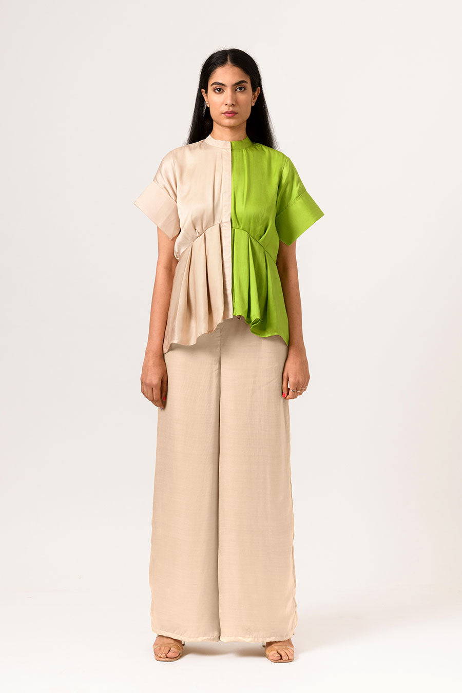 Ecru-Green Half-n-Half Pleated Top