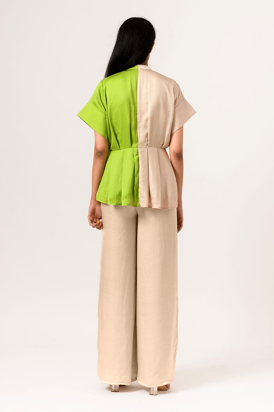 Ecru-Green Half-n-Half Pleated Top