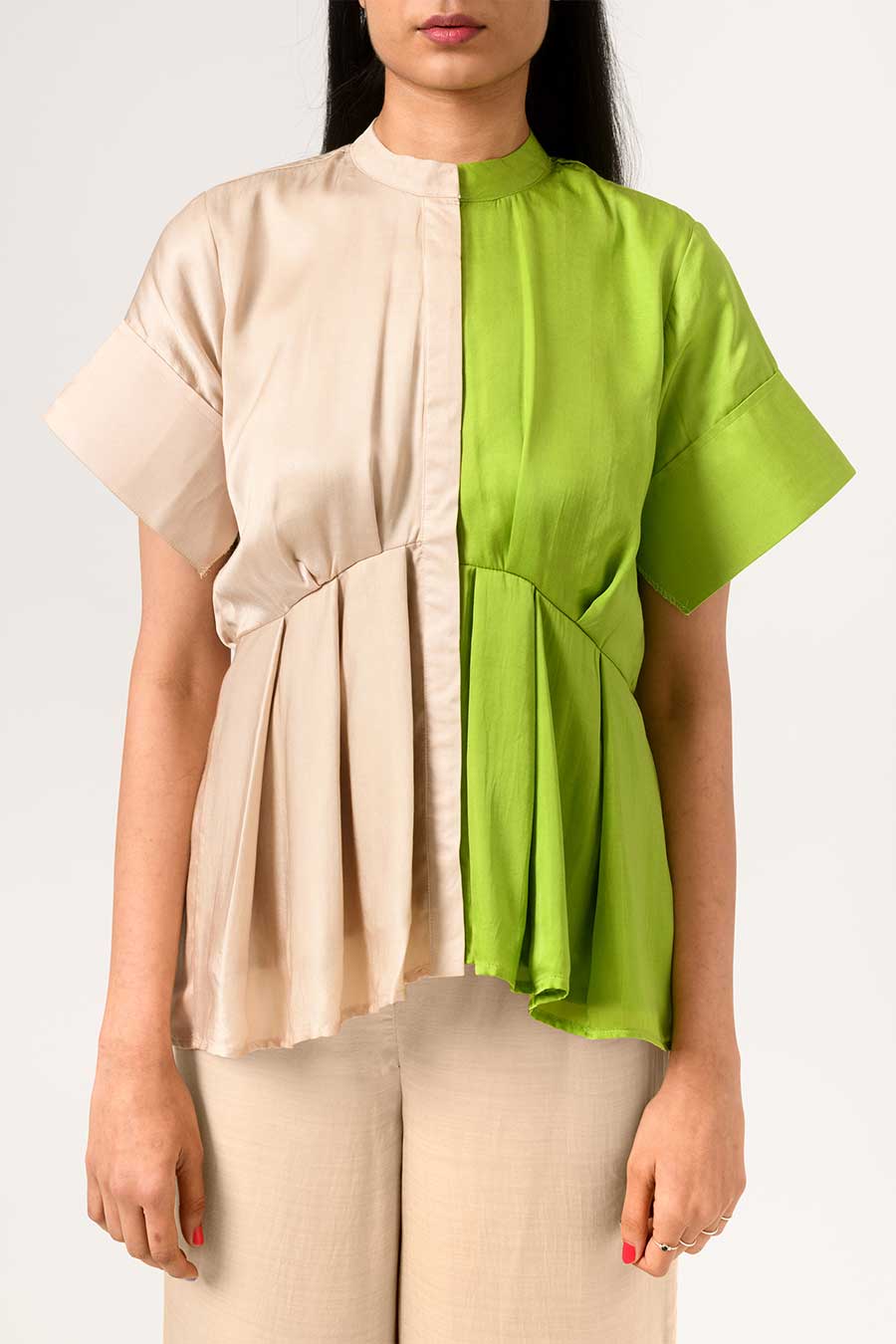 Ecru-Green Half-n-Half Pleated Top