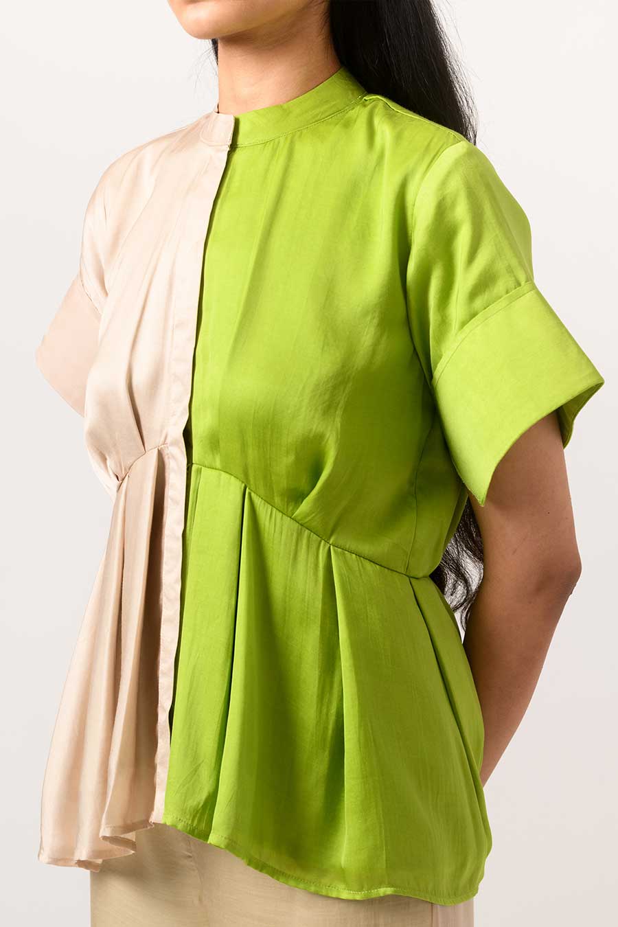 Ecru-Green Half-n-Half Pleated Top