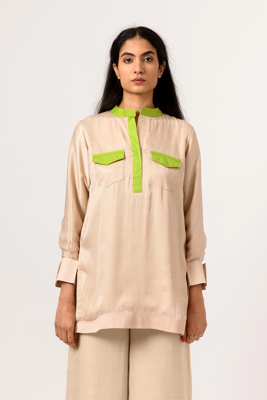 Ecru-Green Colour Block Top