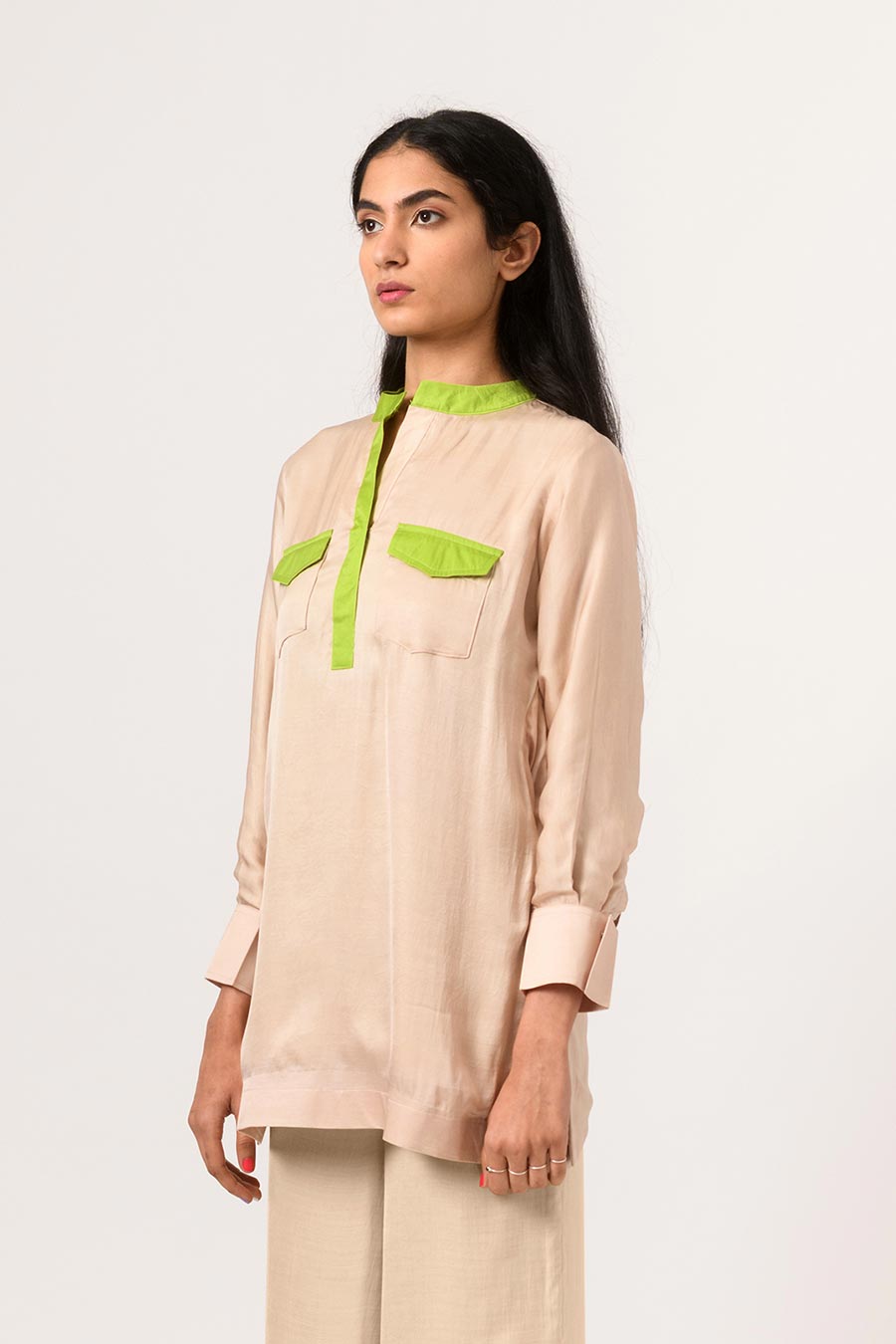Ecru-Green Colour Block Top