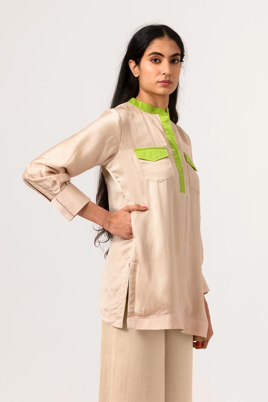 Ecru-Green Colour Block Top