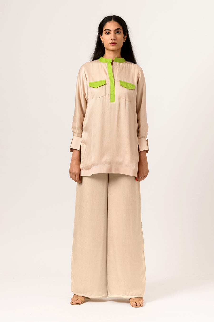 Ecru-Green Colour Block Top