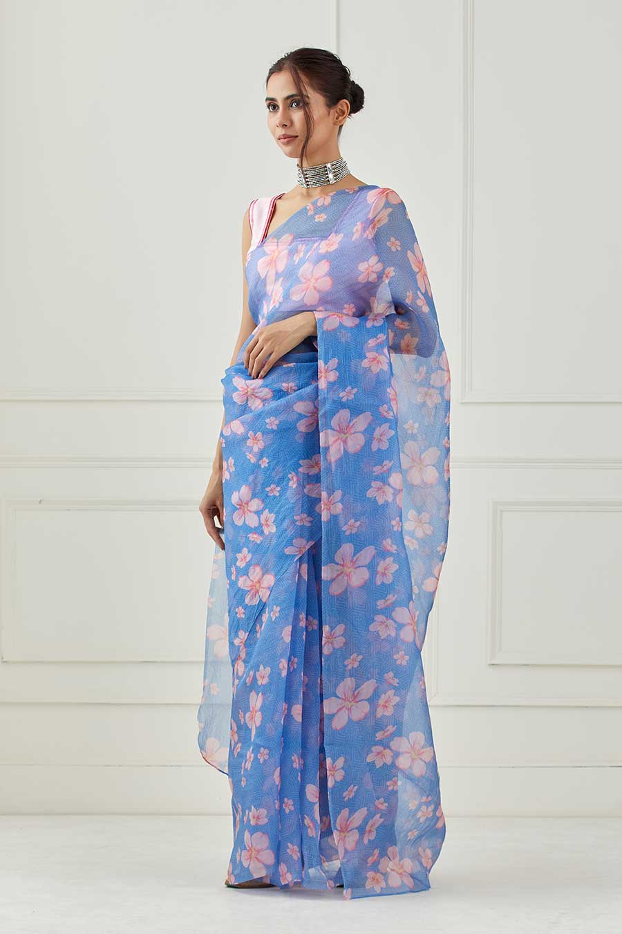 Moon Blue Organza Saree With Unstitched Blouse
