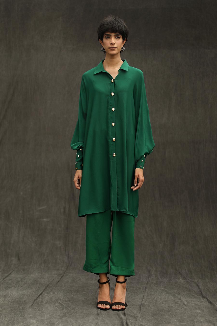 Lush Green Sprinkle Cuff Loose Fit Shirt
