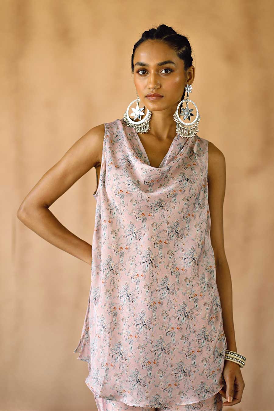 Peach Floral Melon Cowl Top