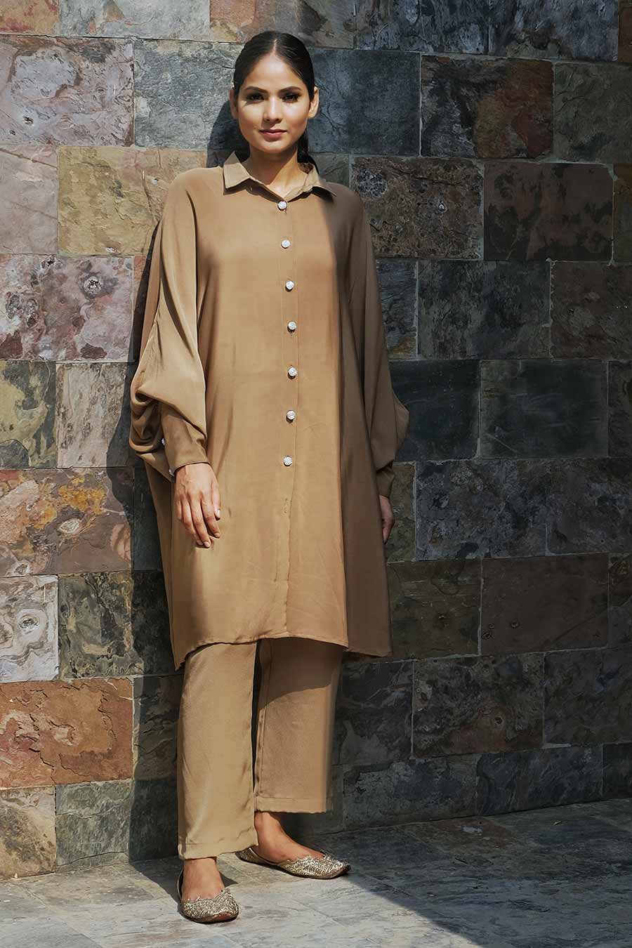 Beige Loose Fit Long Shirt