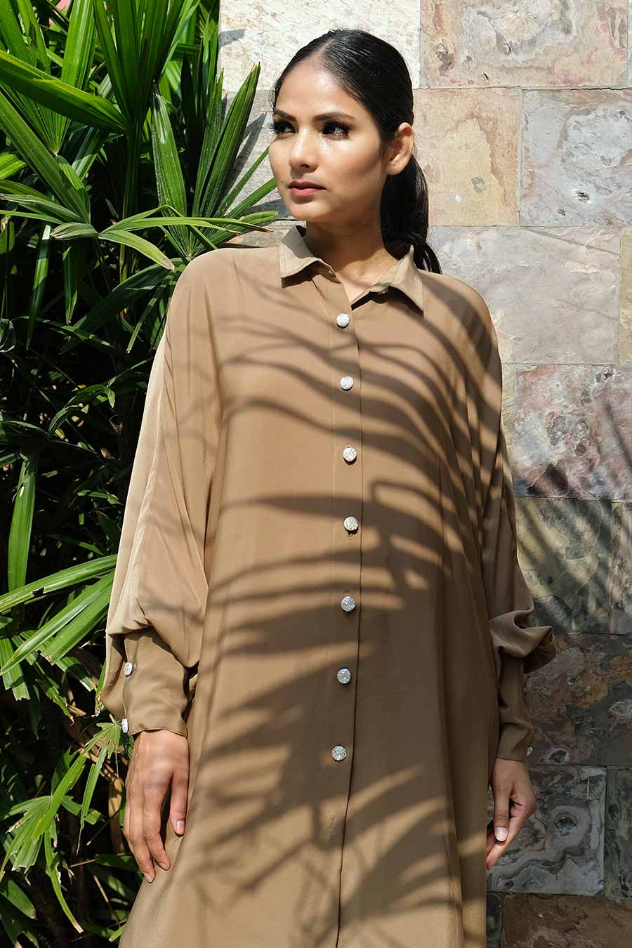 Beige Loose Fit Long Shirt